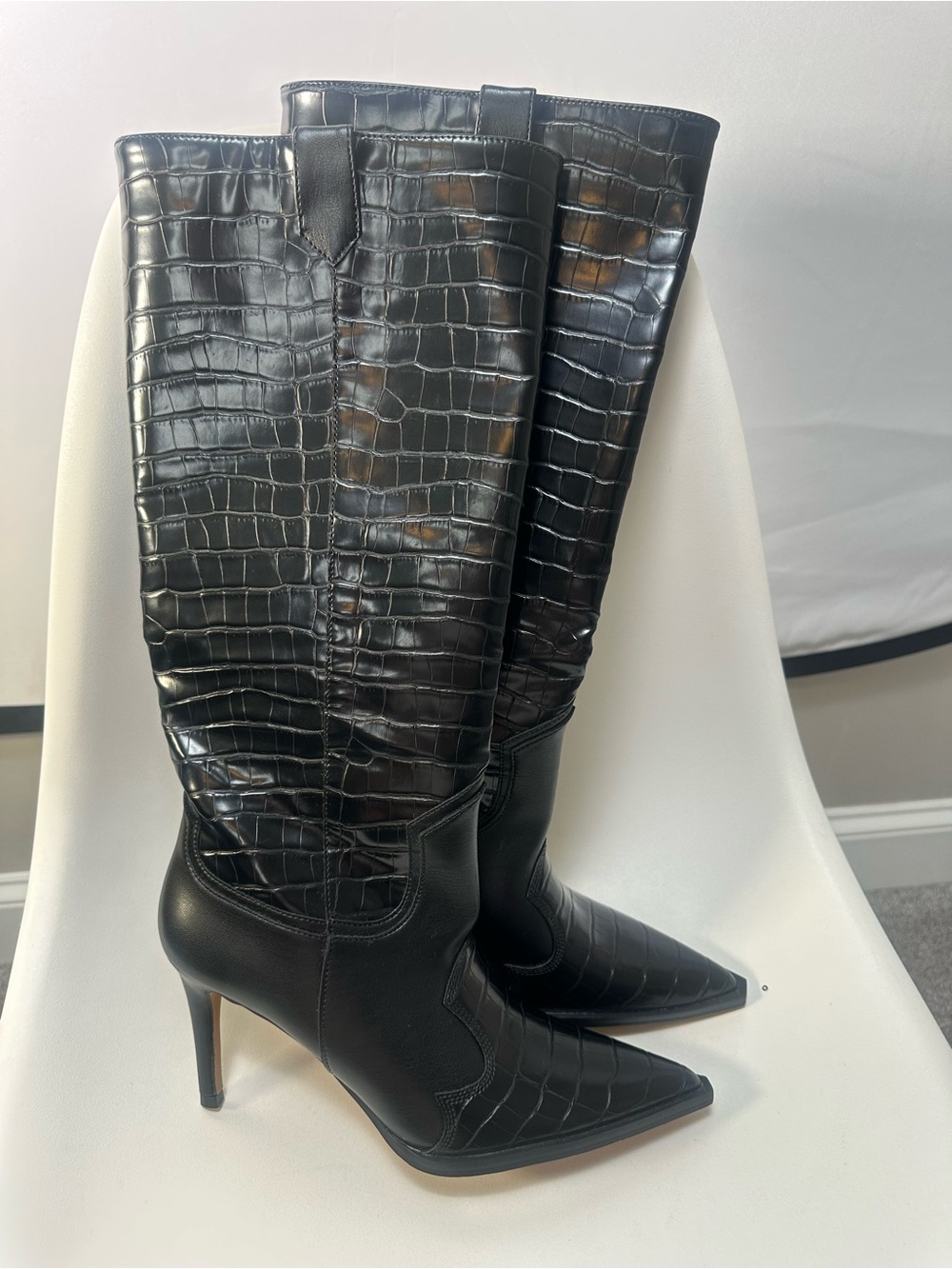 Steven Black Croc-Embossed Pointed-Toe Knee Boots